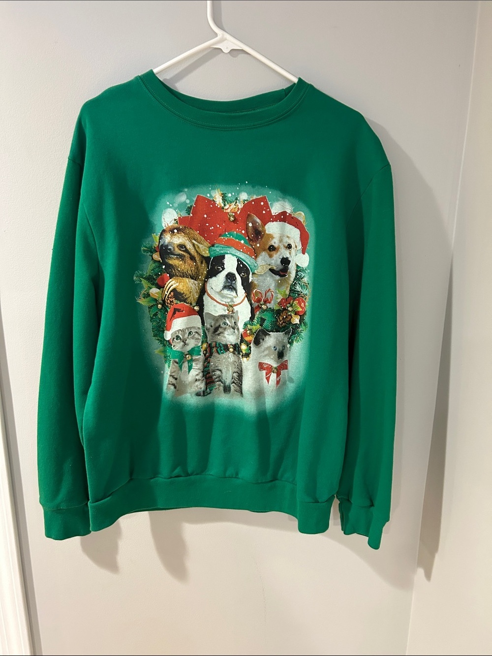 Christmas Animal Sweatshirt | Dogs Cats Sloth Graphic | Green Holiday Crewneck L